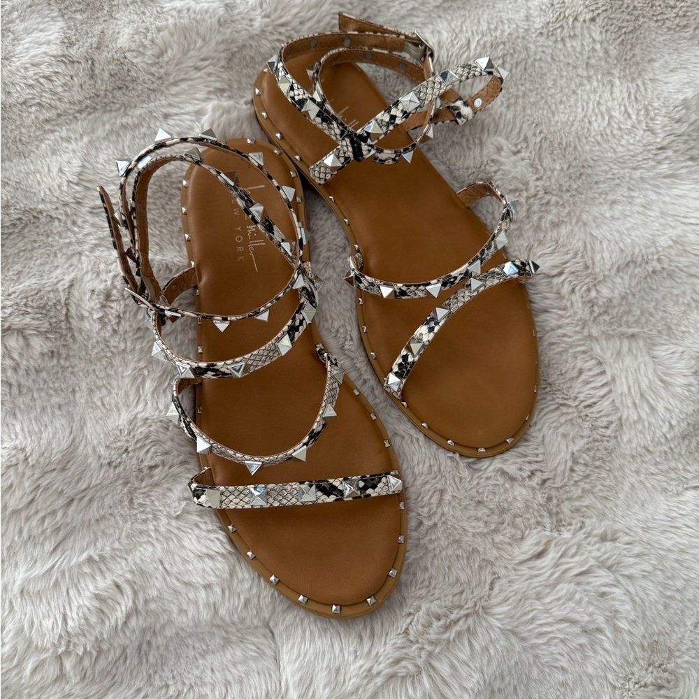 Nicole Miller Tan Sandals with Black & White Snake-Print Straps